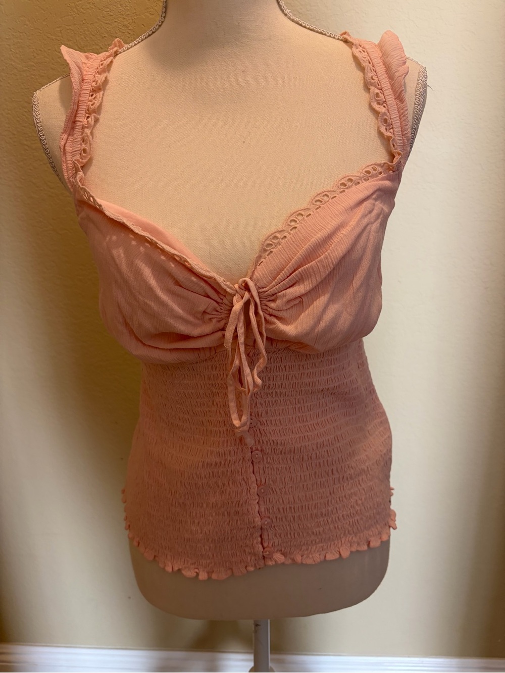 Guess Randal Ruffle Lace-Trim Smocked Tie-Front Cami XL NWT